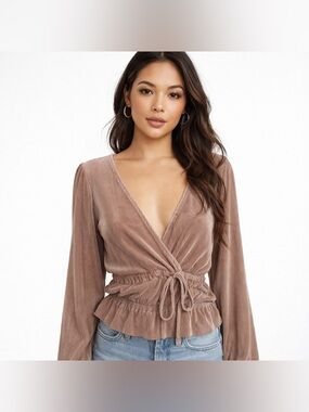 Zara Ribbed Satin Tie Front Blouse Mauve Long Sleeve Size L